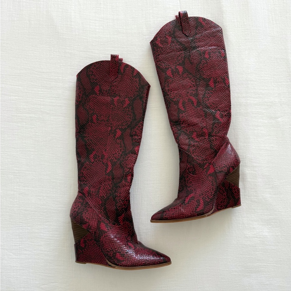 Jessica Simpson Red Snakeskin Knee High Wedge Boots